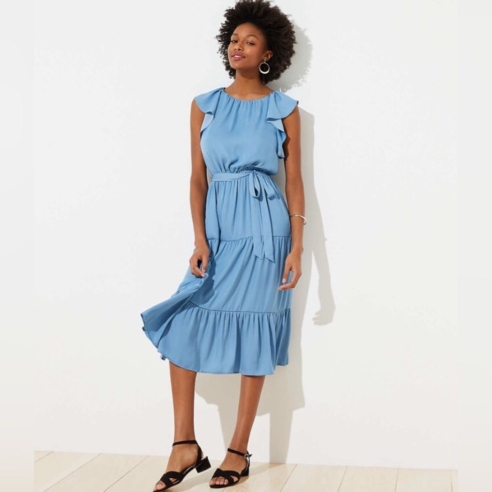 Loft Blue Tiered Belted Flutter Ruffle Midi Dress